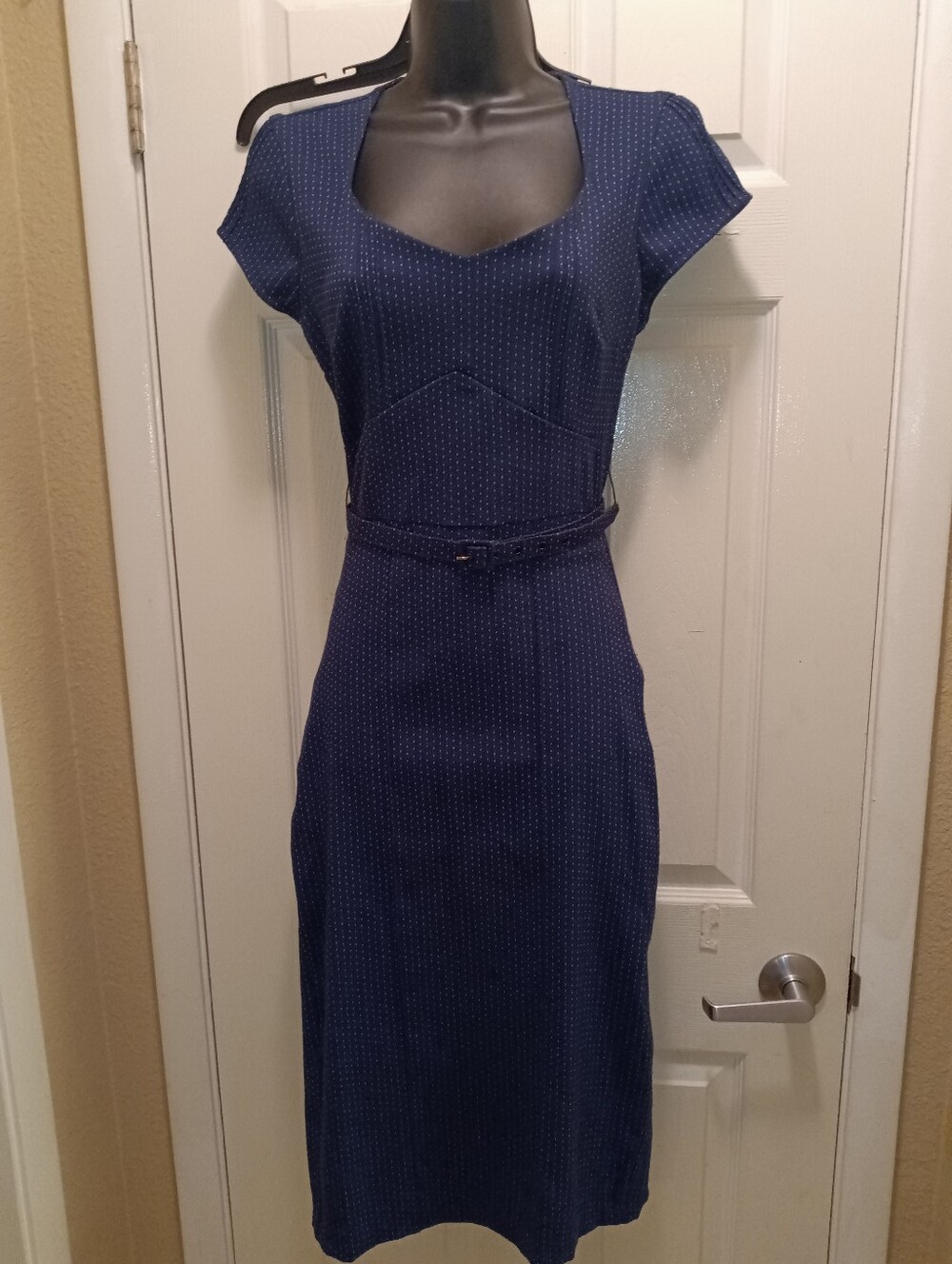 Stop Staring Pin+Up Chic Body Contour Navy Dot-Print Midi Sheath Dress Classy!